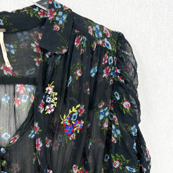 FREE PEOPLE Buttercup Embellished Button Down Top Womens XS Black Sheer Floral - Picture 7 of 12